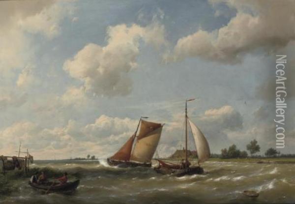 Barges On Choppy Water Oil Painting - Hermanus Koekkoek