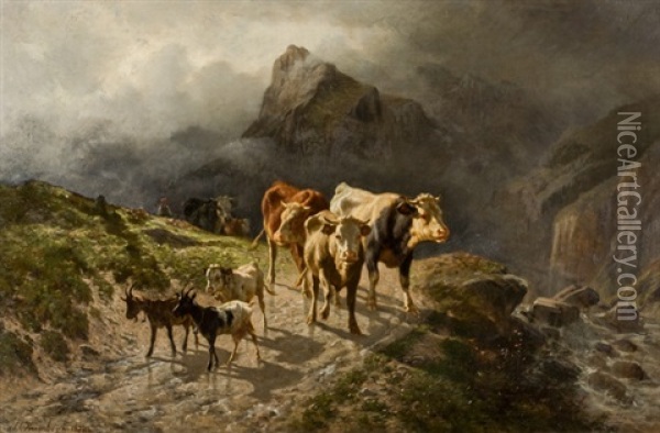 Alpaufzug Mit Kuhen, Kalbern Und Ziegen Oil Painting - Charles (Jean-Ch. Ferdinand) Humbert