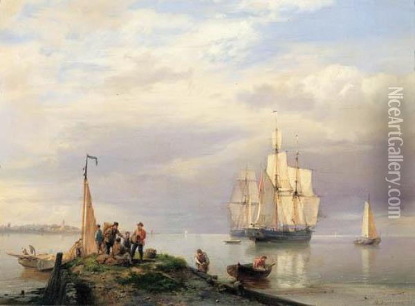 A Calm; A River Estuary With 
Twomasters At Anchor, Fisherman On A Jetty In The Foreground Oil Painting - Hermanus Koekkoek