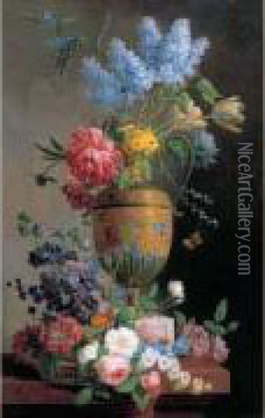 Nature Morte Au Bouquet De Lilas, Pivoines Et Tulipes Et A La
 Corbeille De Fleurs Sur Un Entablement Oil Painting - Pieter Faes
