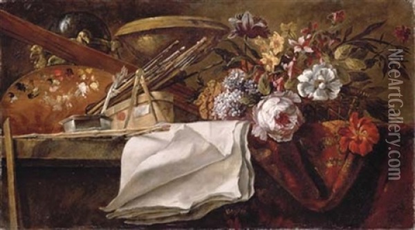 A Basket Of Flowers, A Terracotta Bowl, A Palette, Paint Brushes And Sheets Of Paper Oil Painting - Jean-Baptiste Monnoyer