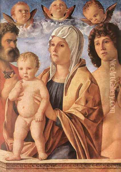 Madonna with Child and Sts. Peter and Sebastian c. 1487 Oil Painting - Giovanni Bellini