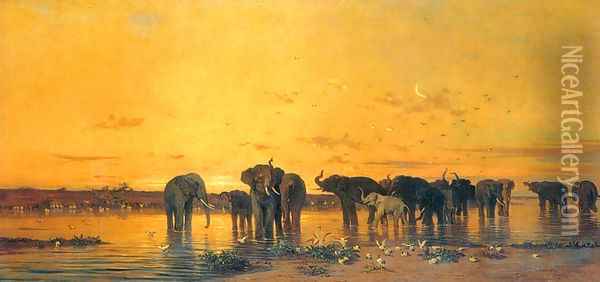 African Elephants Oil Painting - Charles de Tournemine