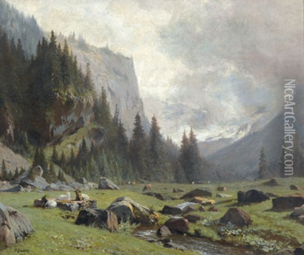 Ziegenherde In Einem Alpental Oil Painting - Johann-Joseph Geisser
