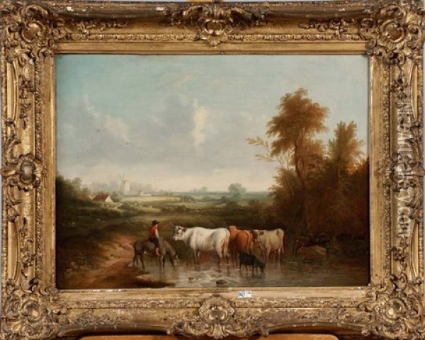 Vacher Et Son Troupeau A La Piece D'eau Oil Painting - Jan Kobell the Younger