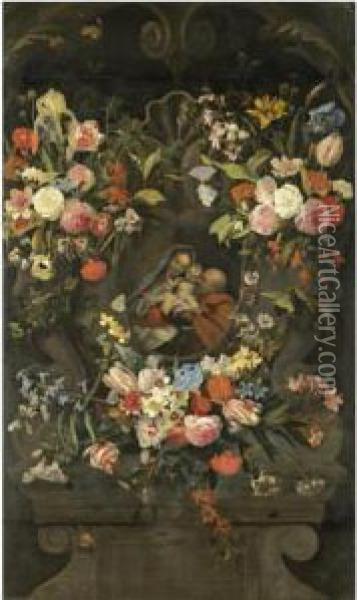 Festoons Of Flowers Decorating A Stone Niche Inset With The Holy Family Oil Painting - Jan Philip van Thielen