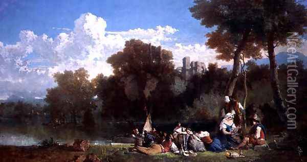 Figures Picnicing by a River Oil Painting - John Kennedy