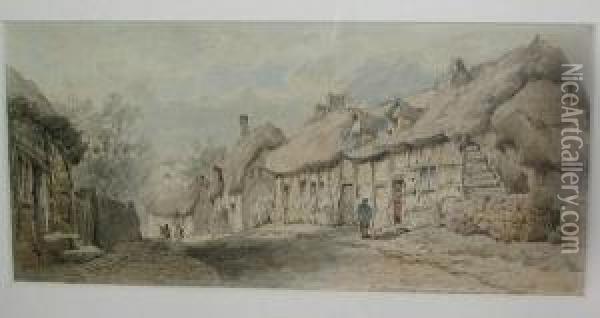 Village Street Scene With Thatched Cottages And Figures Conversing Oil Painting - William E. Harris