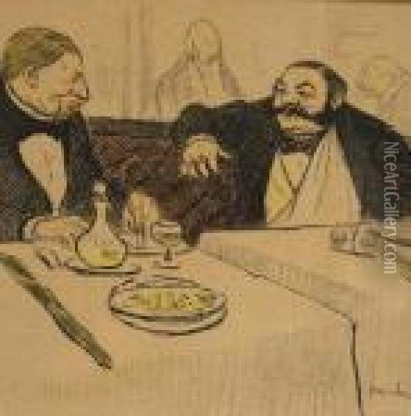 Two Men Dining Oil Painting - Theophile Alexandre Steinlen