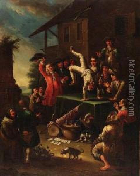 A Cheese Seller; And A Travelling Conjurer Oil Painting - Giovanni Michele Graneri