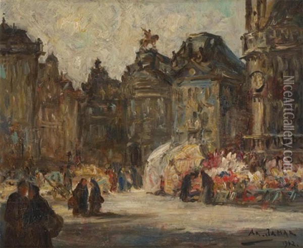 Marche Aux Fleurs A La Grand Place De Bruxelles Oil Painting - Armand Gustave Gerard Jamar