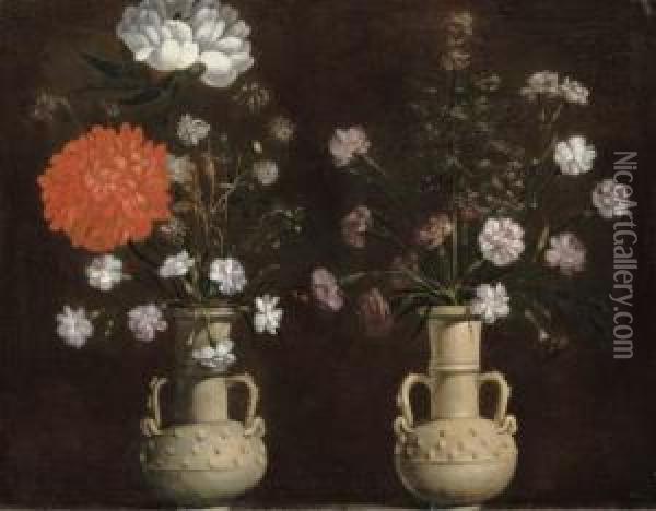 Two Grey Terracotta Vases With Flowers Oil Painting - Giacomo (or Jacopo) Tarchiani