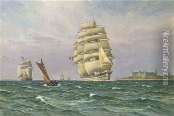 A Danish Windjammer In The Sound Off Kronborg Castle Oil Painting - Vilhelm Karl Ferdinand Arnesen