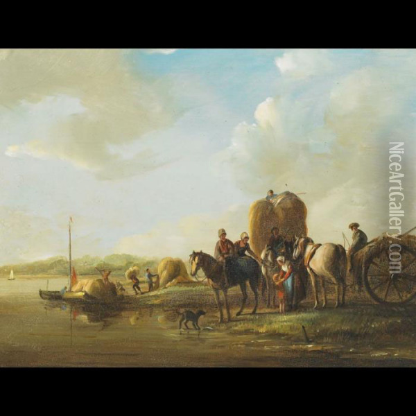 Shoreline Scene With Hay Barges And Farm Wagons Oil Painting - Jules Jacques Veyrassat