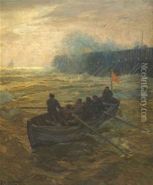 Ruderboot In Sturmischer See Vor Einer Spundwand Oil Painting - Gustav Schoenleber