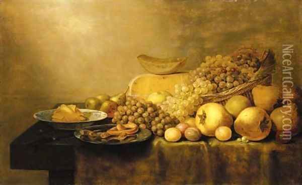 Grapes in a basket, with pears, plums, cheese, butter in a porcelain dish, pastries on a pewter dish and a knife on a partially draped table Oil Painting - Floris Gerritsz. van Schooten