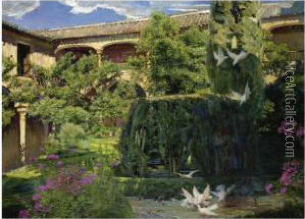 Patio De Lindaraja, Alhambra (lindaraja Courtyard, Alhambra) Oil Painting - Jose Villegas y Cordero