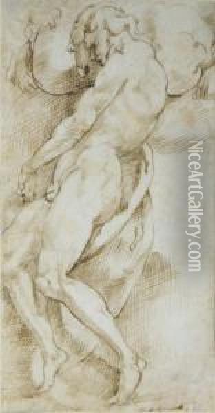A Nude Man Carrying A Boulder Oil Painting - Bartolomeo Passarotti