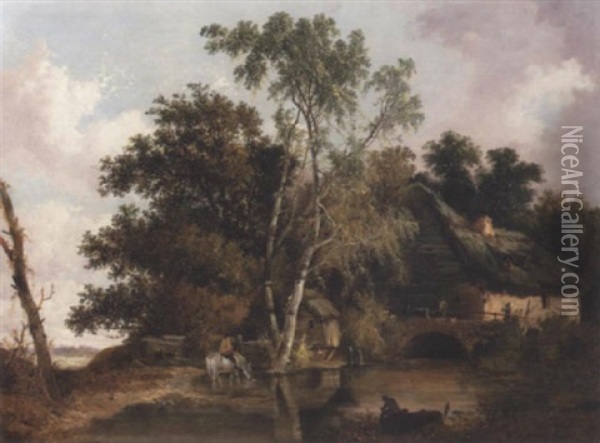 Wooded Landscape With Watermill Oil Painting - John Berney Ladbrooke