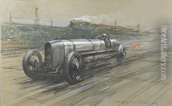 Kenelm Lee Guinnesssunbeam 350hp Land Speed Record Brooklands Oil Painting - Frederick Gordon Crosby