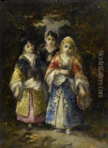 Three Girls In The Forest Oil Painting - Narcisse-Virgile D Az De La Pena