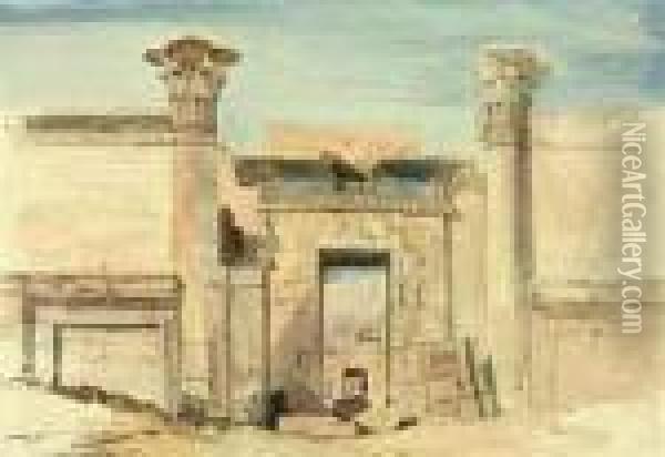 The Entrance To The Small Temple At Medinet Habu, Luxor, Egypt Oil Painting - William James Muller