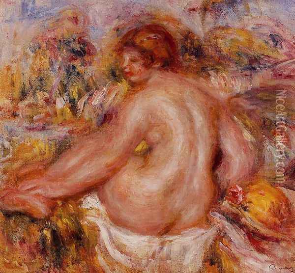 After Bathing Seated Female Nude Oil Painting - Pierre Auguste Renoir