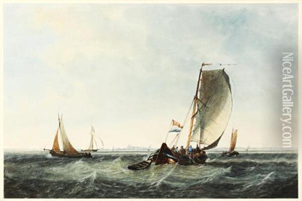 A Dutch Pink And Other Boats Off The Coast Oil Painting - Robert Brandard