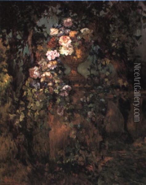 Flowers In An Urn On A Balustrade In A Landscape Oil Painting - Luis Graner y Arrufi