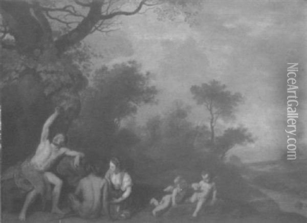 Bacchus In A Landscape With A Satyr And Putti Oil Painting - Cornelis Van Poelenburgh