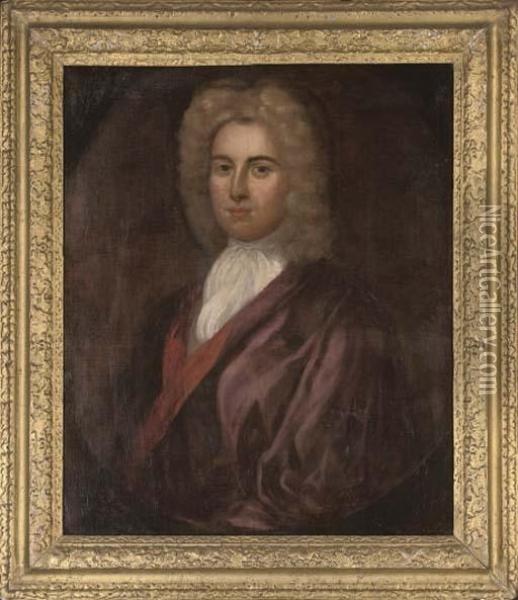 Portrait Of A Gentleman, Half-length, In A Purple Coat Oil Painting - Sir Godfrey Kneller