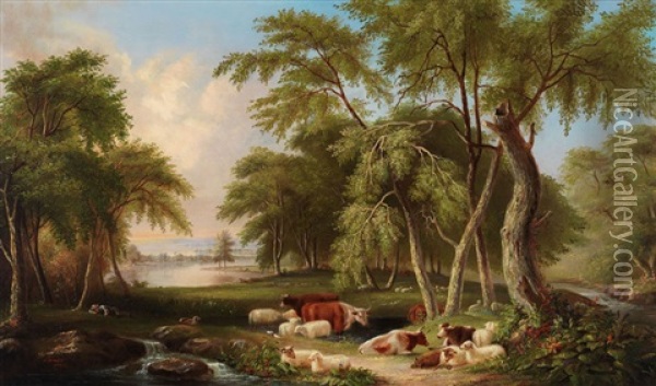 Pastoral Landscape With Cattle And Sheep Oil Painting - Joseph Dynes