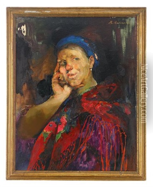 Portrait Of A Peasant Woman In Embroidered Shawl Oil Painting - Filip Malyavin