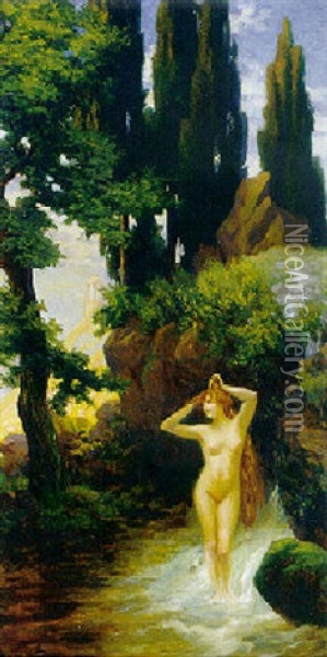 Reizvoller Madchenakt An Einer Felsquelle Mit Zypressen Oil Painting - Bruno Wiese