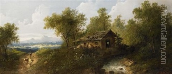 Voralpenlandschaft Mit Viehhirte Oil Painting - Eduard Boehm