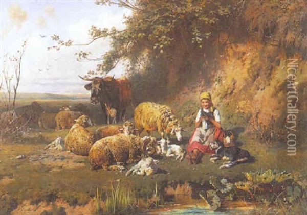 Madchen Mit Schafen Oil Painting - Otto Friedrich Gebler