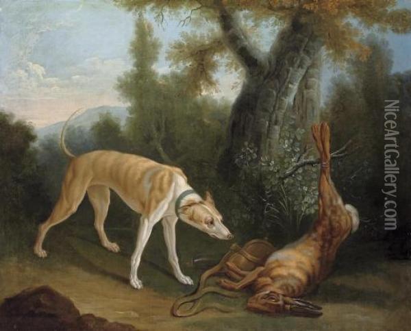 A Hound And A Dead Hare In A Wooded Clearing Oil Painting - Jean-Baptiste Oudry