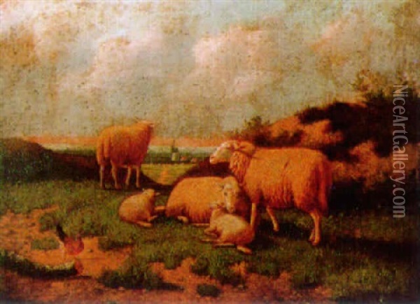 Sheep In A Sunlit Landscape Oil Painting - Jacob Van Dieghem
