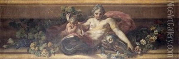 Sirena Y Amorcillo Con Guirnalda De Flores Y Uvas Oil Painting - Corrado Giaquinto