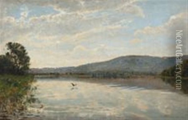 Danish Summer Landcape With A Lake Oil Painting - Godfred Christensen