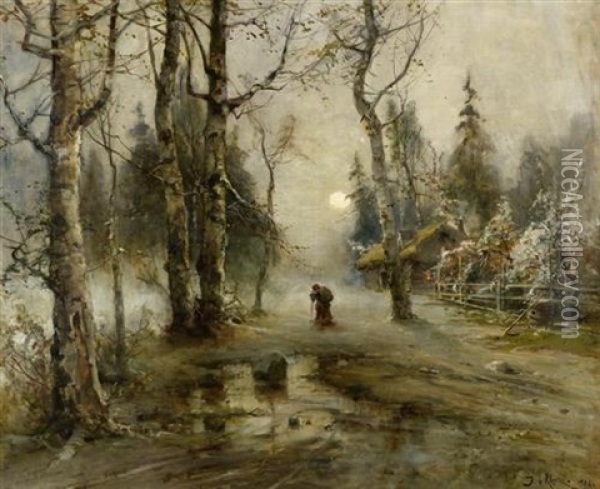 Waldlandschaft Mit Reisigsammlerin Oil Painting - Yuliy Yulevich (Julius) Klever