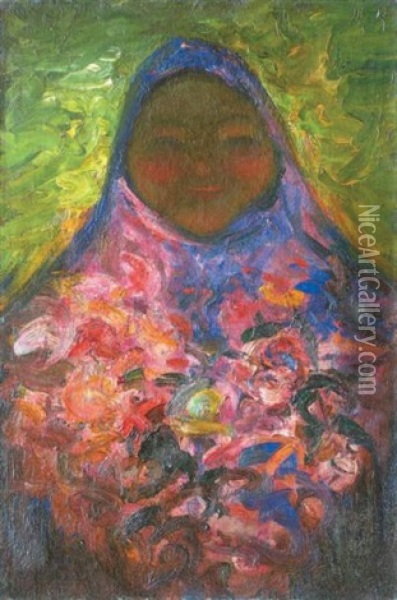 Paysanne Russe Aux Fleurs Oil Painting - Filip Malyavin