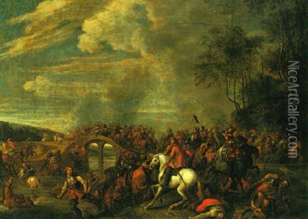 A Cavalry Engagement Beside A River Oil Painting - Pieter Meulener
