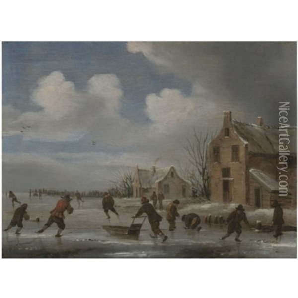 A Winter Landscape With Skaters On A Frozen Lake Oil Painting - Nicolaes Molenaer