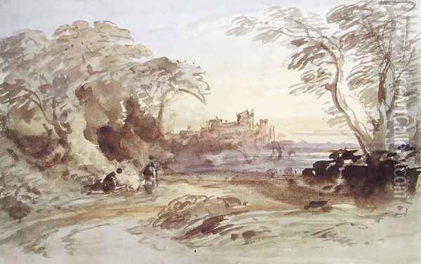 Landscape with Figures and Distant Castle Oil Painting - John Varley