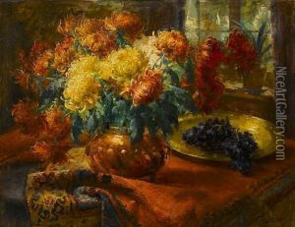 Chrysanthemums In A Vase Oil Painting - Frans Mortelmans