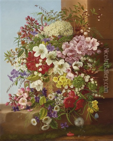 A Bounty Of Flowers On A Stone Ledge Oil Painting - Adelheid Dietrich