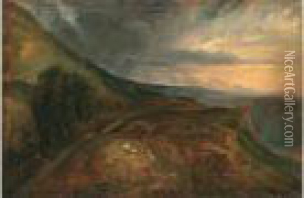 Souvenir D'auvergne, Soleil Couchant Dans Les Montagnes 1833-36 Oil Painting - Paul Huet