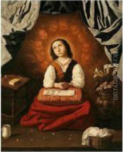 The Young Virgin At Prayer Oil Painting - Francisco De Zurbaran