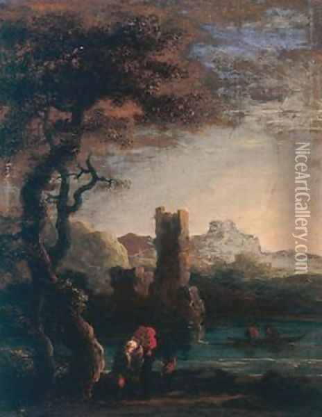 Landscape with tower figures and boat Oil Painting - Jan de Momper